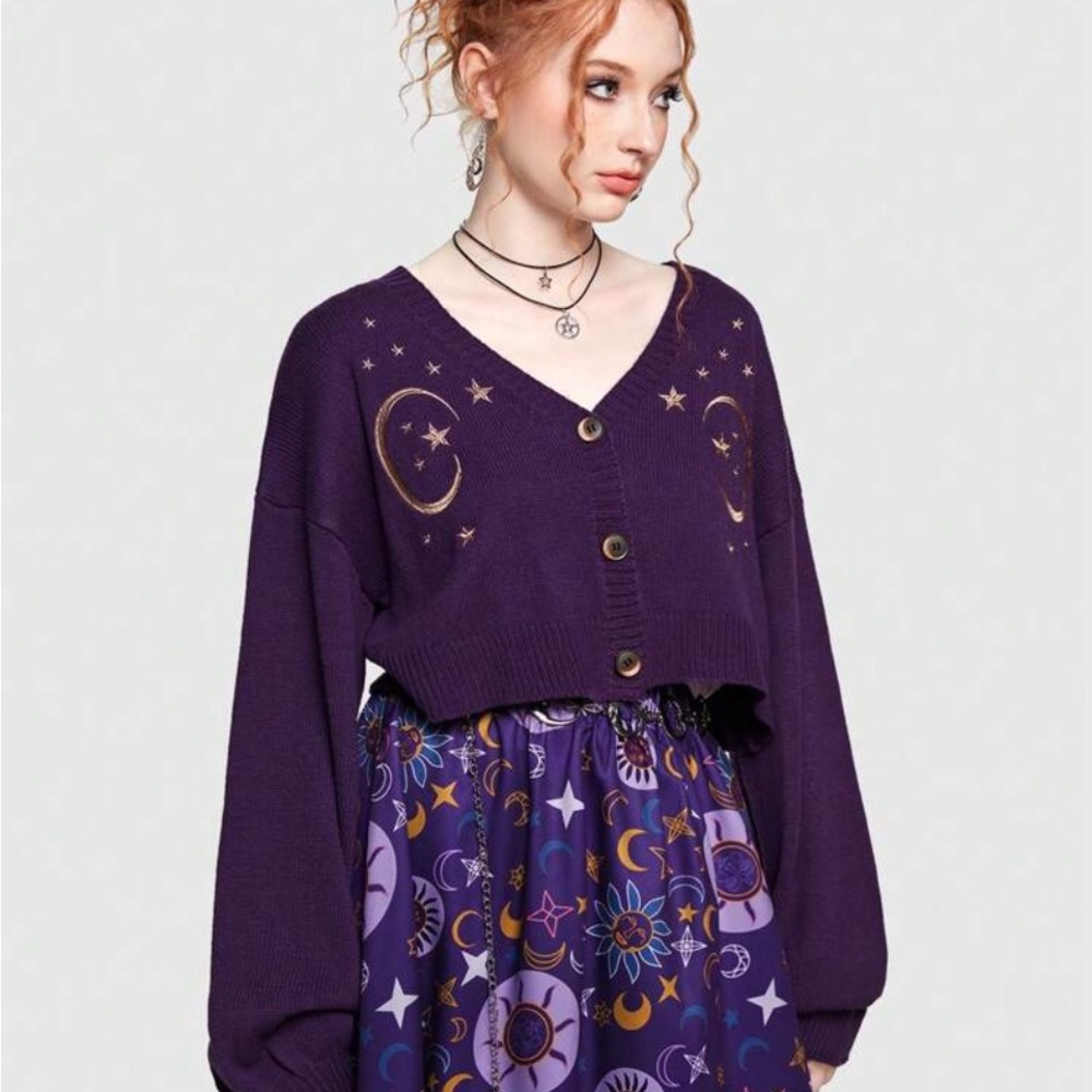 ROMWE Purple Cardigan with Star and Moon Embroidery - Picture 9 of 16